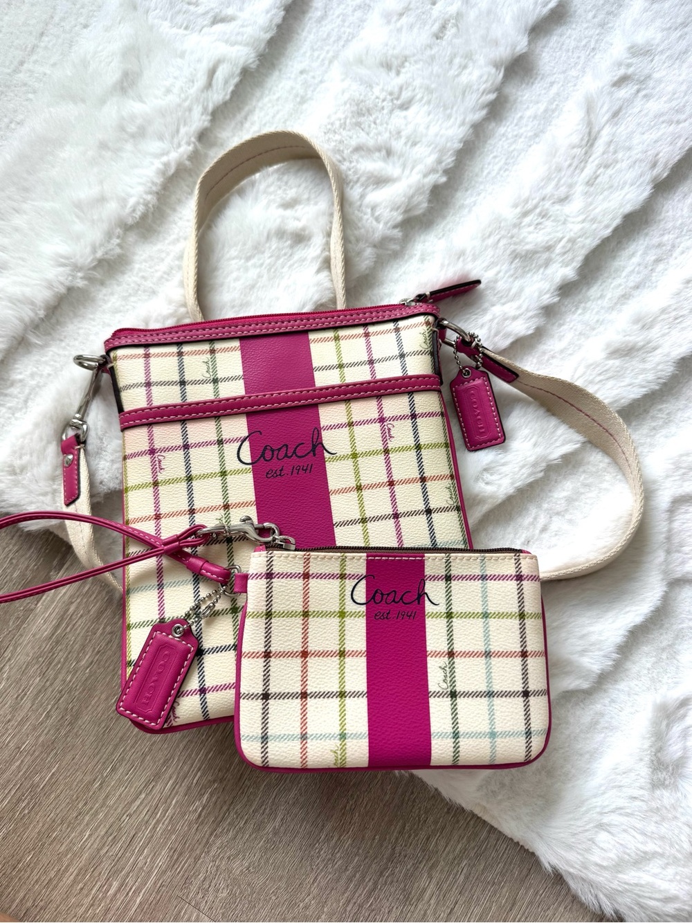 Vintage Coach Heritage Tatterall Swingpack Crossbody + Wristlet in Pink Plaid